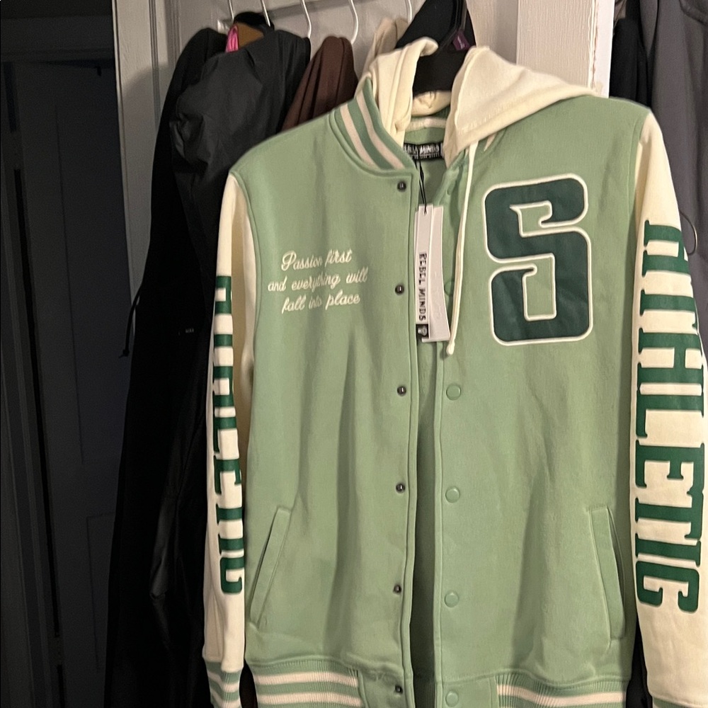 NWT Green & Cream Athletic Letterman Hoodie Jacket